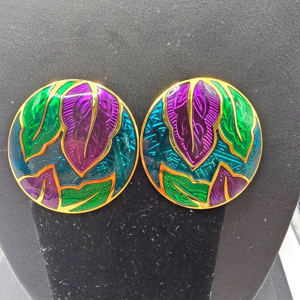 Vintage Edgar Berebi Goldtone Enamel Leaf Clip On Earrings